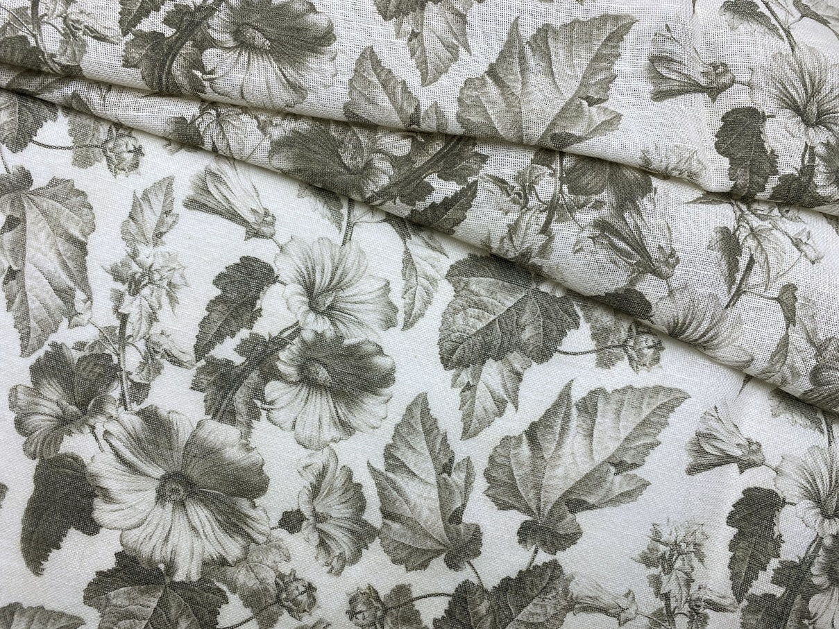 Ткань Лен натуральный с принтом листья 20256 1