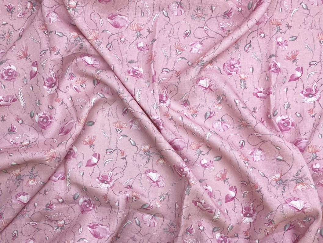 Ткань Лен розового цвета с принтом  маки 20259 3