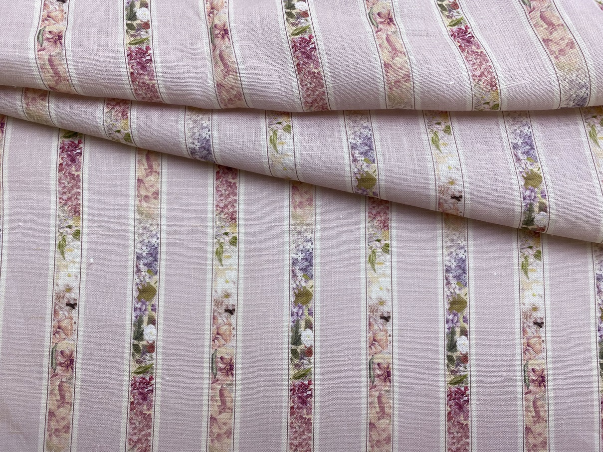 Ткань Лен розового цвета с принтом полосы цветами 20268 1