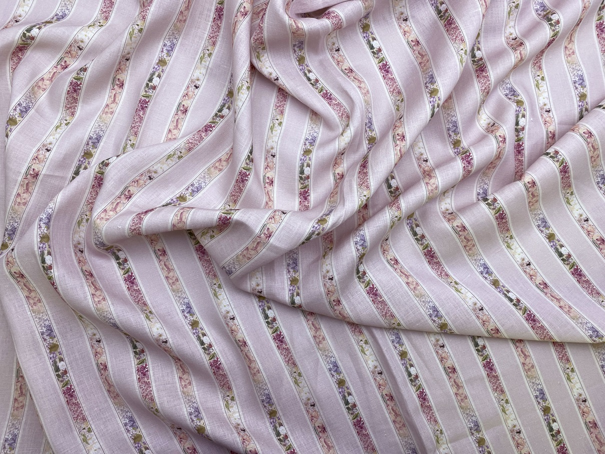 Ткань Лен розового цвета с принтом полосы цветами 20268 3