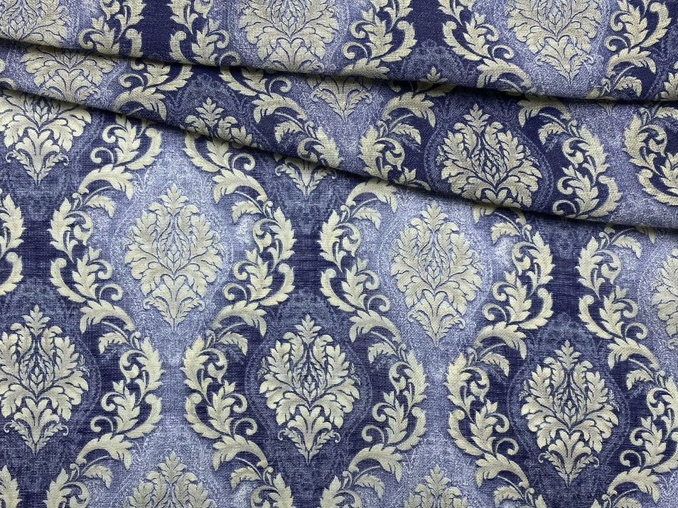 Ткань Лен  сине-серого цвета с принтом  золотистые вензеля  20560 1