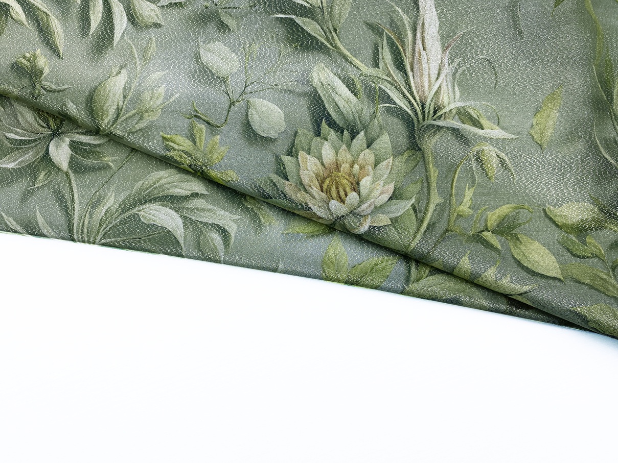 Ткань Муслин   зелёного цвета с принтом лотос 16882 4