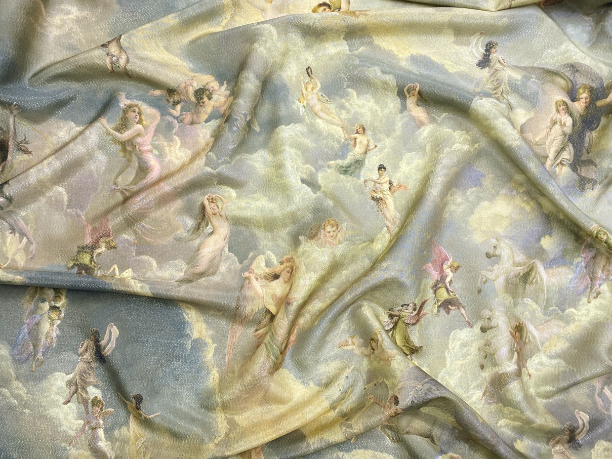 Ткань Муслин  оливкового цвета с принтом  ангелы 14463 2